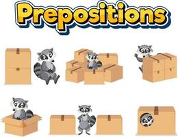 wordcard de preposición con mapache y cajas vector