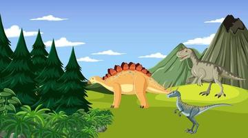 escena con dinosaurios en el bosque vector