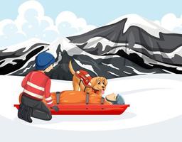 escena de nieve con rescate de bomberos en estilo de dibujos animados vector