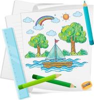 A paper with a doodle sketch design with color and colour pencils vector