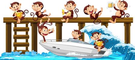 Wooden pier with many monkeys doing different activities vector