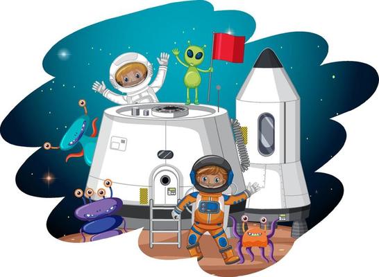 Cartoon astronaut and aliens on planet in cartoon style