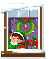 View through the window of cartoon character in Christmas theme vector