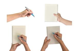 Hand write on the notebook isolated on white. Collection of hand holding pen and notepad. photo