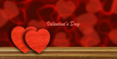 Red hearts on wooden table with soft romantic background. Valentines Day concept. photo