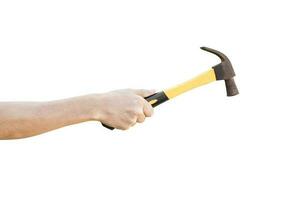 hand holding old rusty hammer isolated on white background, with clipping path photo