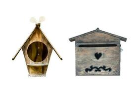 Two mailbox made of wood isolated on white background. Object with clipping path. photo
