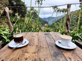 Having coffee in the forest on the mountains. Tropical island. Relaxing and leisure moment. Madeira Island, Portugal. Holiday time. Enjoy your vacation. photo