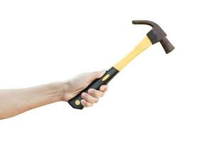 hand holding old rusty hammer isolated on white background, with clipping path photo