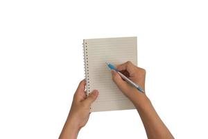 Design concept, Hand with pen writing blank in a notebook isolated on white background. with clipping path photo