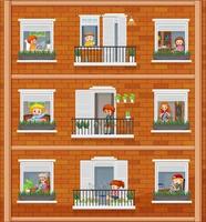 Apartment windows with neighbors cartoon character vector