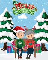 Merry Christmas poster with elderly couple sitting on a bench vector