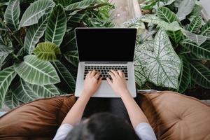 Creative Freelancer Woman Using Laptop in Cafe With Houseplant, Business Woman Online Working on Computer Laptop While Sitting Indoors Cafe. Nature Green Plant Relaxing Space and Leisure Lifestyles. photo