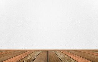 Empty interior room with white cement wall texture and brown wooden floor pattern. Concept interior vintage style photo