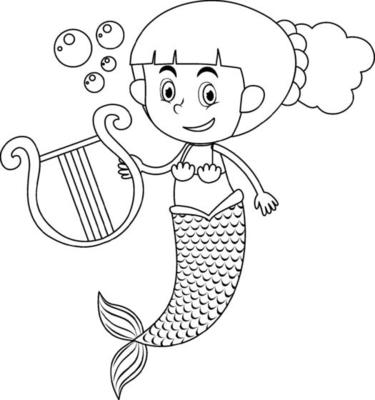 Mermaid play the harp black and white doodle character