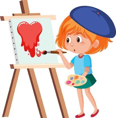 A girl painting red heart on canvas board