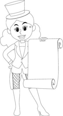 Circus girl hold paper scroll black and white doodle character