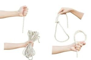 Collection of hand holding rope isolated on a white background. Object with clipping path. photo