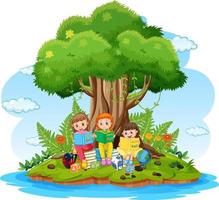 Children reading books in island vector