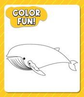 Worksheets template with color fun text and whale outline vector