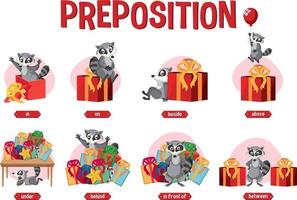 diseño de wordcard de preposición con mapache y cajas de regalo vector