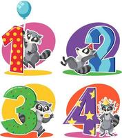 Set of different raccoon holding the numbers isolated on white background vector