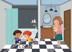 Bathroom scene with family members cartoon character vector