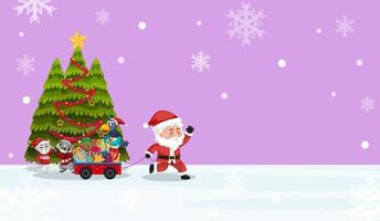 plantilla de banner de navidad con lindo santa y árbol de navidad vector