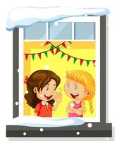View through the window of two girls talking together vector