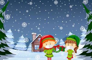 Snowy night scene with Christmas cartoon characters vector