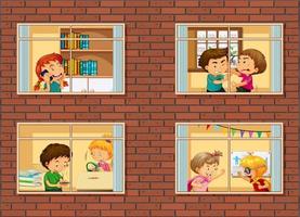 Apartment windows with neighbors cartoon character vector