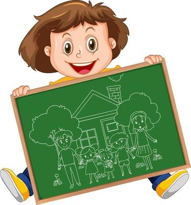 A girl holding board with a doodle sketch design on white background