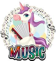 Cute purple unicorn playing accordion with music notes on white background vector