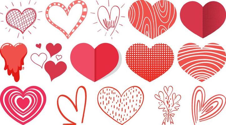 Different style of hearts isolated on white background