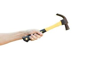 hand holding old rusty hammer isolated on white background, with clipping path photo