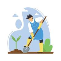 A man with  a shovel plants seedlings. Farmer planting vegetables using shovel. Concept of gardening, farming, working on land, natural production. Vector illustration.