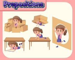 Prepostion wordcard design with girl in places vector