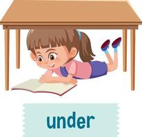 Preposition of place with cartoon girl and a table vector