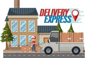 Delivery Express logotype with courier and delivery pickup car vector