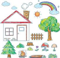 A paper with a doodle design of the house and tree with color vector