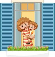 Mother and son standing on the balcony vector