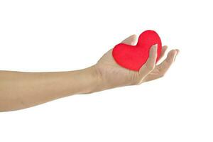 corazón rojo en la mano aislado sobre fondo blanco. concepto de día de san valentín. foto