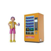 man wearing a yellow shirt, standing drinking water, holding a water can. and an vending machine  water dispenser next to it 3D rendering illustration white background. 3d render illustration photo