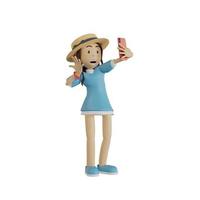 Girl wearing a blue oversized hat and shirt, smiling cutely, takes a selfie. on a white background , 3d illustration photo