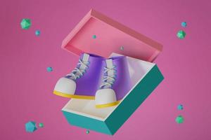 zapatos morados sobre un fondo rosa o morado, caja de zapatos, iconos colocados en diferentes ángulos, ilustración 3d foto