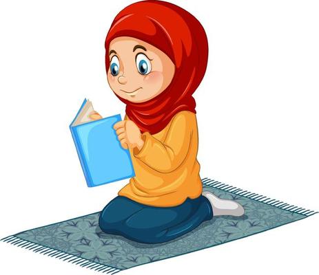 Muslim girl reading book on white background