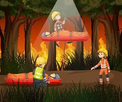 Wildfire scene with firerman rescue in cartoon style vector