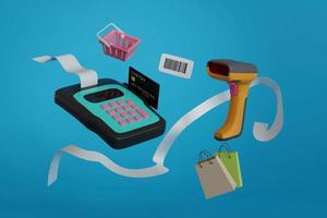 card swipe machine , payment , bar code gun , bill , barcode , shopping bag , pink basket , credit card , 3d render illustration photo