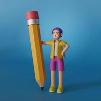 man in a yellow shirt holding a giant pencil poses on a blue background. 3D rendering illustration. photo