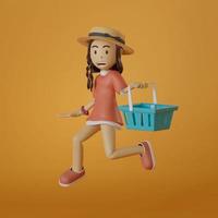 chica de retrato con un sombrero y una camisa rosa de gran tamaño linda sonrisa en el fondo naranja medio sosteniendo un carrito de compras ilustración 3d foto